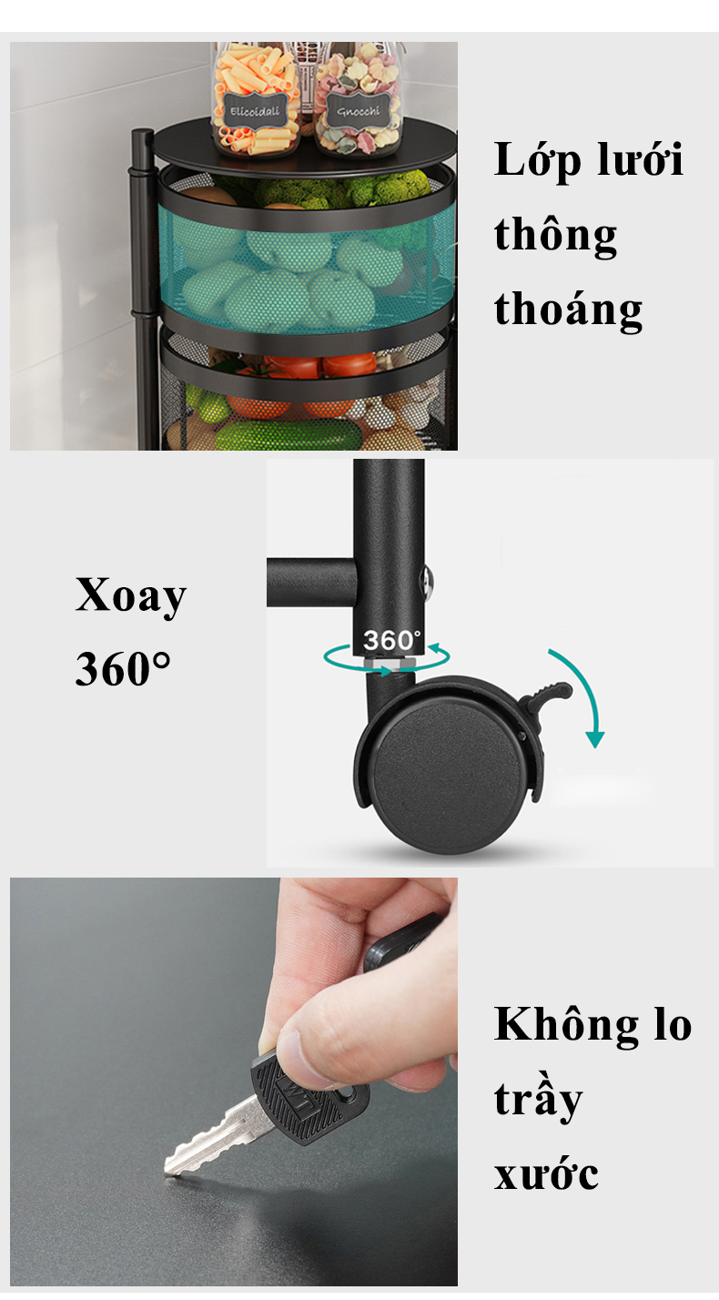Kệ Tròn Xoay đa năng 5 tầng đựng đồ nhà bếp Vifiba bánh xe xoay 360 độ kệ đựng đồ phòng bếp phòng khách phòng tắm