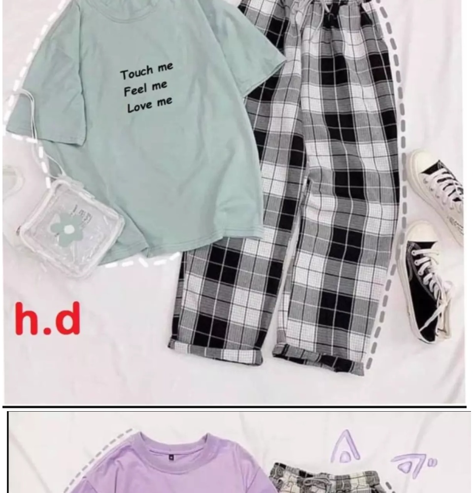 [FREESHIP] SET ÁO THUN TOUCH ME KÈM QUẦN KẺ ĐEN