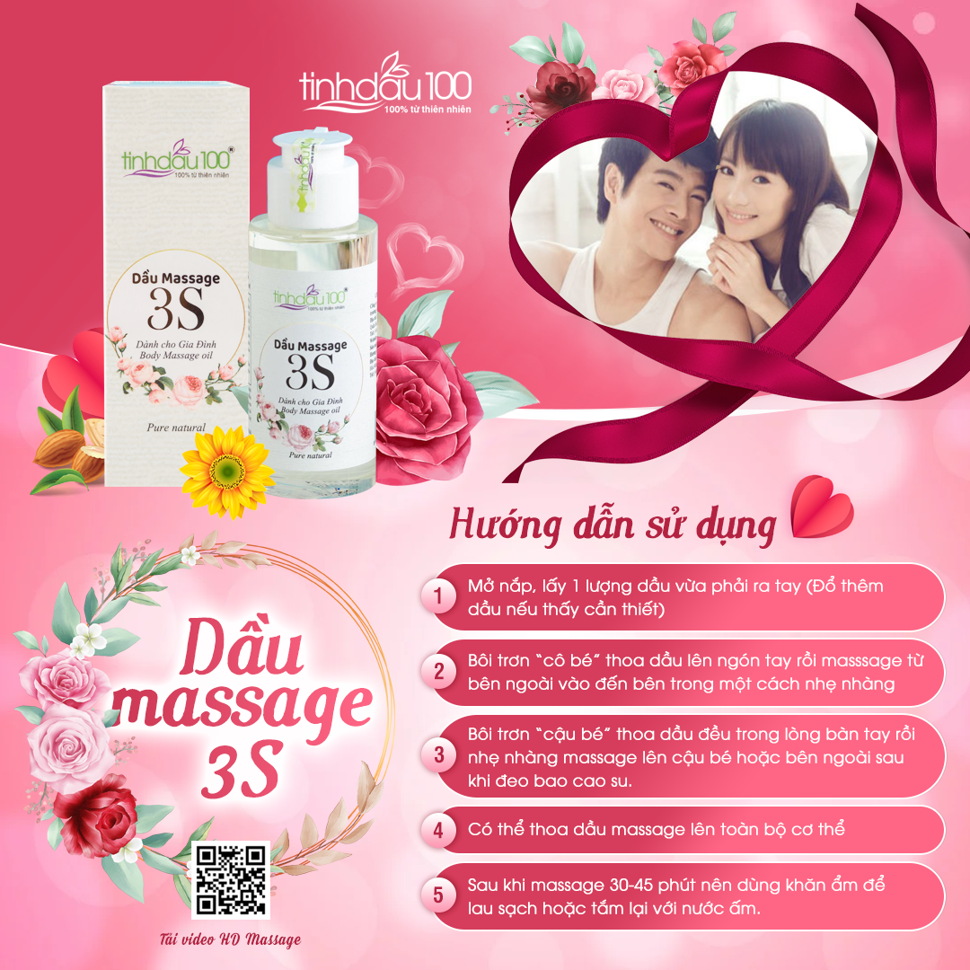 Dầu bôi trơn massage 3S. Dầu massage body toàn thân, Yoni. Tinh dầu massage body hoa hồng dưỡng da dung tích 80ml. Tặng video hướng dẫn massage Tinh Dầu 100 Store