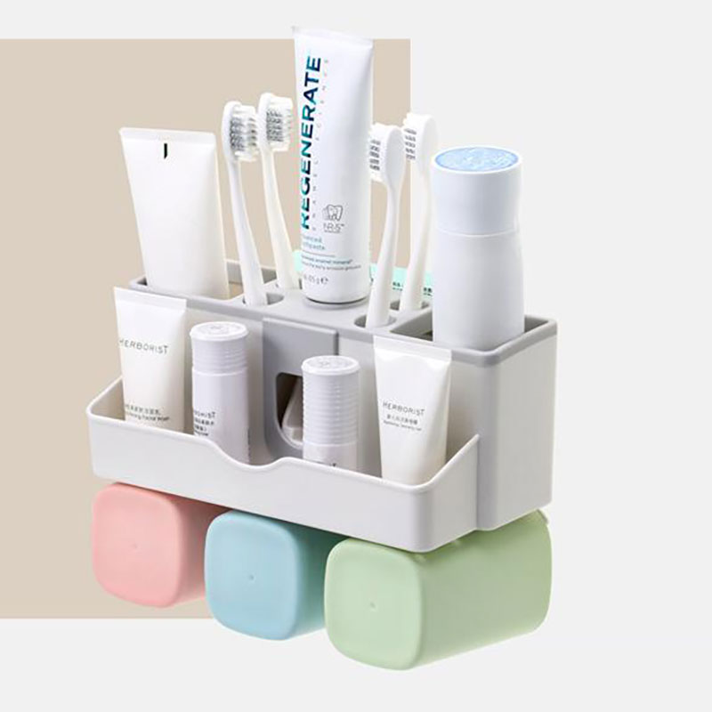 Kệ để đồ nhà tắm, treo bàn chải đánh răng, nhả kem tự động, tặng kèm 3 cốc, không cần khoan tường 9201