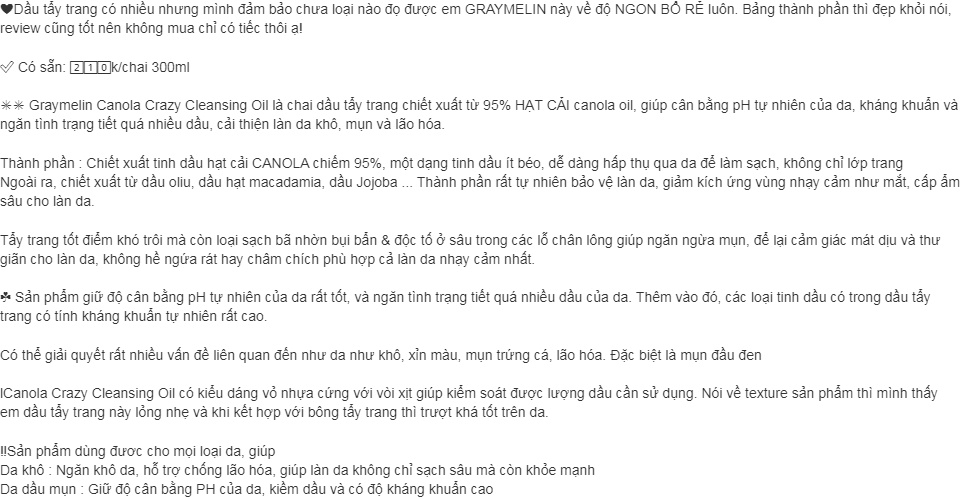 Dầu tẩy trang Graymelin Canola Crazy Cleansing Oil