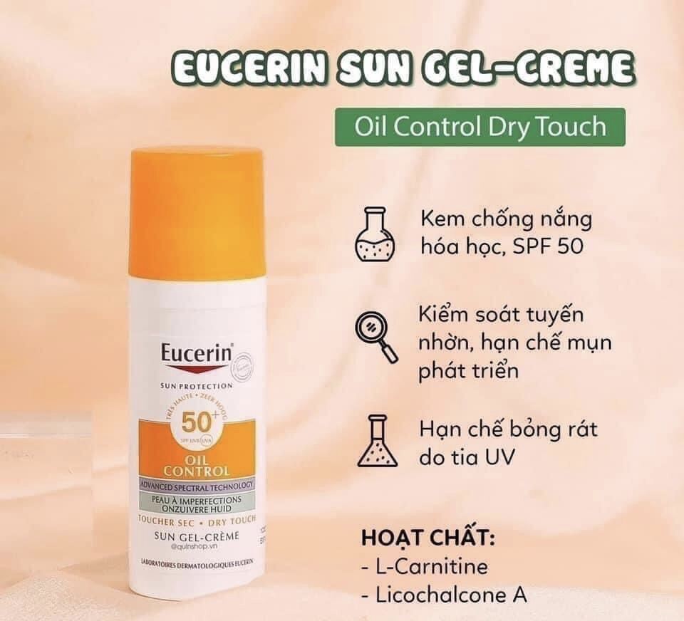 Kem chống nắng Eucerin Oil Control cho da dầu mụn, Kem chống nắng phổ rộng  kiểm soát dầu Eucerin Sun Gel-Cream Dry Touch - Sản phẩm chống nắng và phục  hồi sau