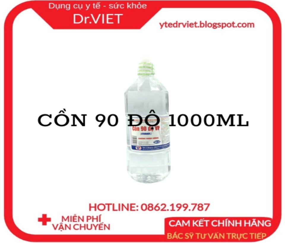 Cồn 90 độ Vĩnh Phúc 1000ml , Dùng để diệt khuẩn dụng cu y tế, bề mặt trong y tế,vi khuẩn Staphylococcus aureus, Pseudomona, Sát trùng vết thương: Tẩm cồn vào bông bôi lên chỗ cần sát trùng, Vệ sinh dụng cụ y tế - Drviet