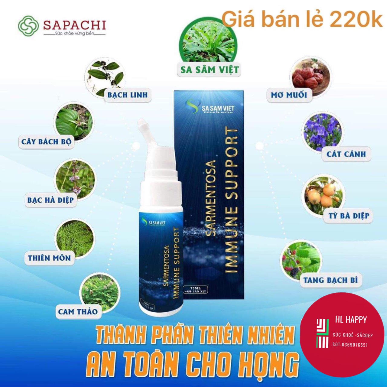 BỔ PHÊ HÓA ĐỜM-SARMENTOSA IMMUNE SUPPORT- Sa Sâm Việt -Dạng chai xịt 75ml (450 lần xịt ) dùng cho trẻ 1 tuổi trở lên e