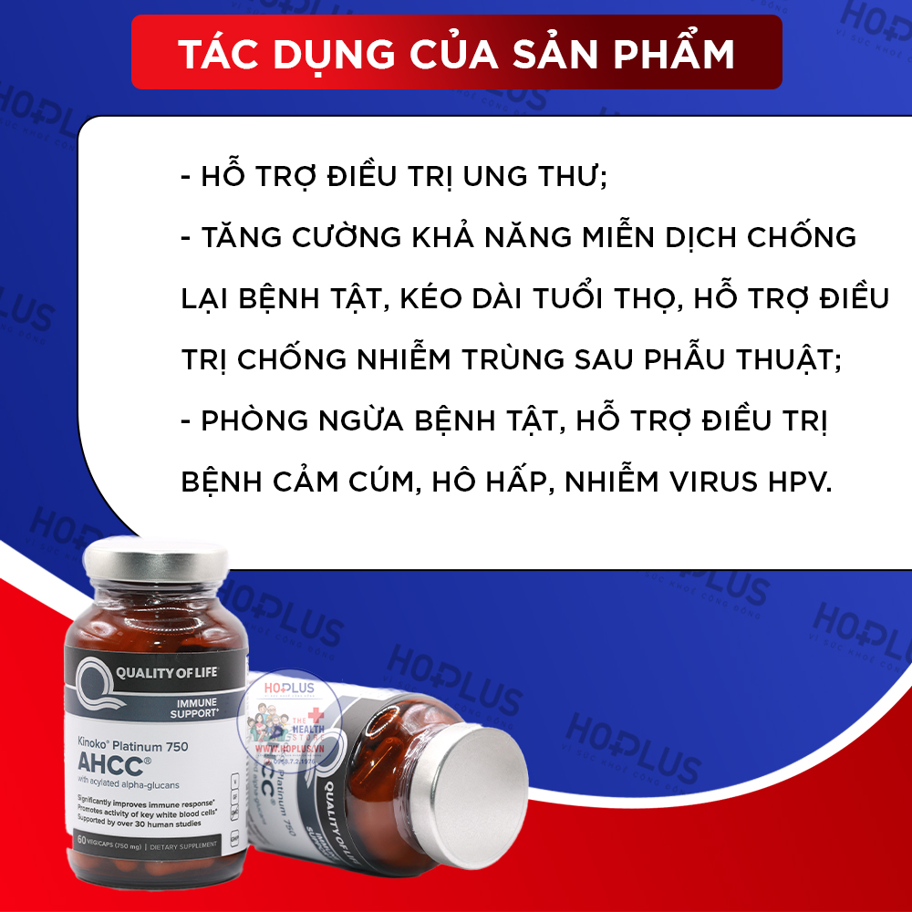 Viên uống AHCC Kinoko Platinum nhập khẩu từ Mỹ 750mg 60 viên tăng cường hệ miễn dịch, đào thải HPV - Hoplus