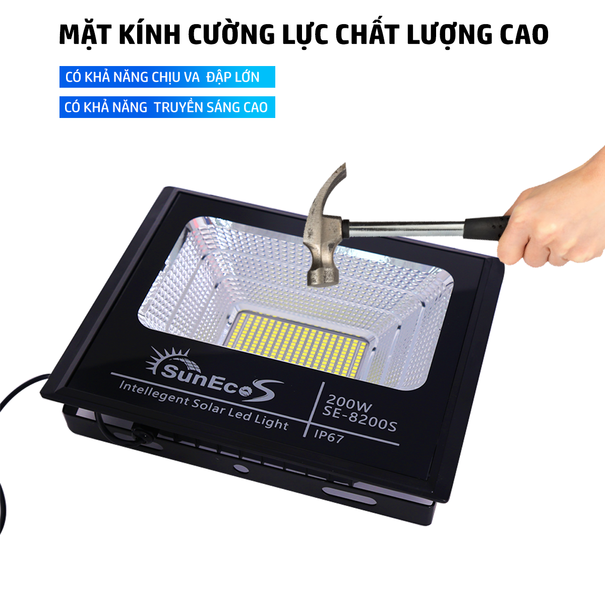 Đèn năng lượng mặt trời 100W SUNECO [ CÓ BÁO PIN ] , đèn pha led năng lượng mặt trời Kèm tấm pin rời có remote điều khiển từ xa tiện lợi và thông minh, cảm biến tự động, dây nối 5m, thời gian sáng 10 - 14h, bảo hành 24 tháng