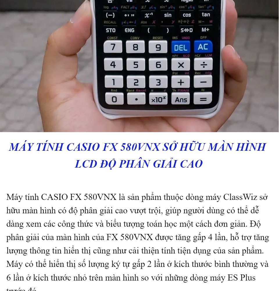 Máy Tính - Máy tính Khoa học Casio 580VNX - Máy tính chính hãng dành cho học sinh- sinh viên Hàng Casio Thái Lan Bảo Hành Toàn Quốc, có hiệu suất cao, tốc độ tính toán nhanh; phù hợp với nhiều cấp học từ học sinh, sinh viên