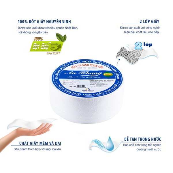 GIẤY VỆ SINH CUỘN LỚN AN KHANG BỘT GIẤY NGUYÊN SINH AKC500