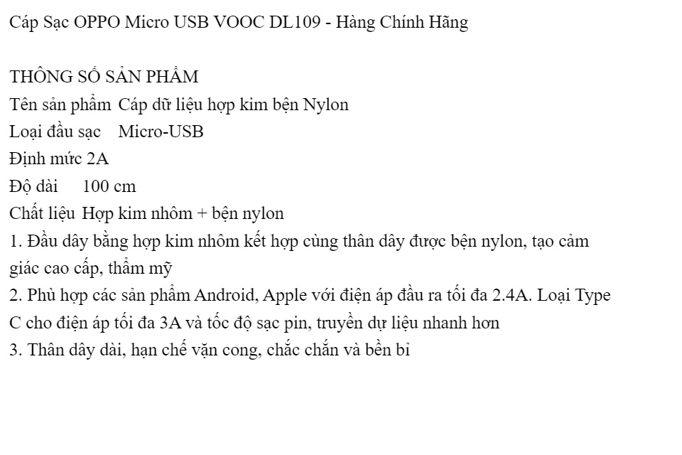 Cáp Sạc OPPO Micro USB DL109 - Hàng Chính Hãng