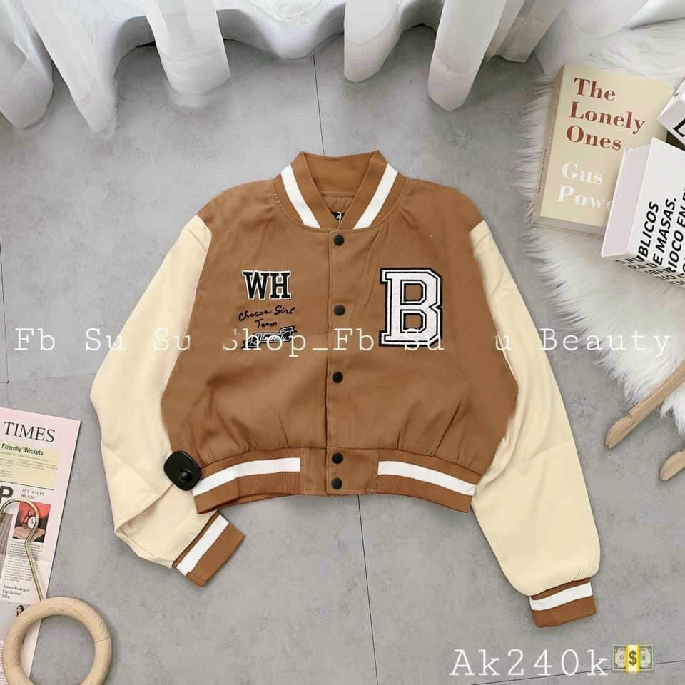Áo Khoác Bomber Nữ, Áo Khoác Kiểu Ráng From Croptop Chất Liệu Thun Nỉ Ngoại Cao Cấp, In Phối Logo Chữ B Độc Đáo. TP