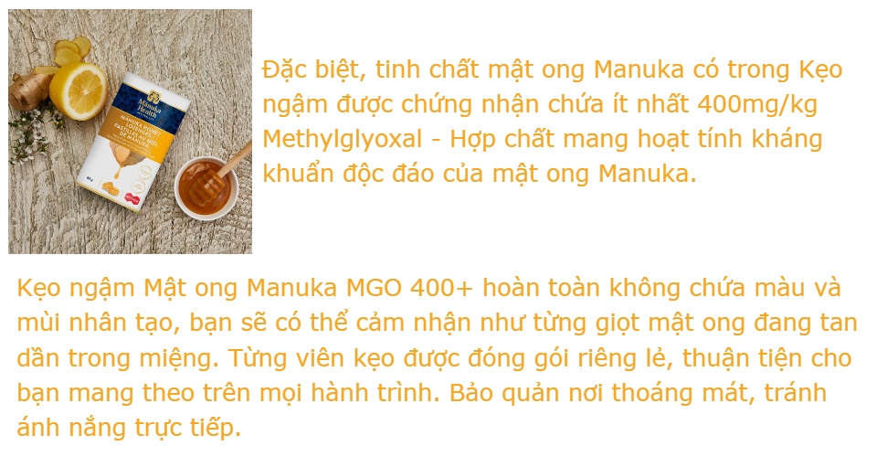 Kẹo ngậm Mật ong Manuka Honey Drops Ginger & Lemon Flavour Vị Chanh và Gừng MGO 400+