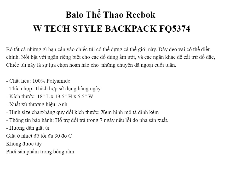Balo Thể Thao Reebok W TECH STYLE BACKPACK FQ5374 | Lazada.vn