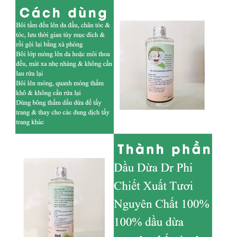 Dầu Dừa Dr Phi - Chiết Xuất Tươi Nguyên Chất 100% - Chai 300ml - Tổng Kho MiềnNam