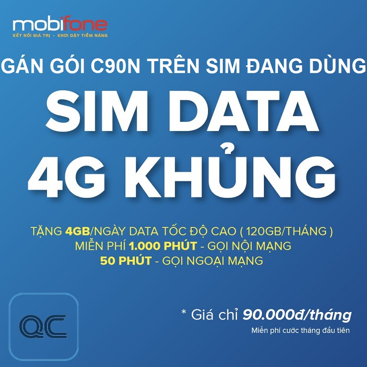 Gán gói C90N mobifone 120GB 1000 phút nội mạng 50 phút liên mạng trên sim đang sử dụng