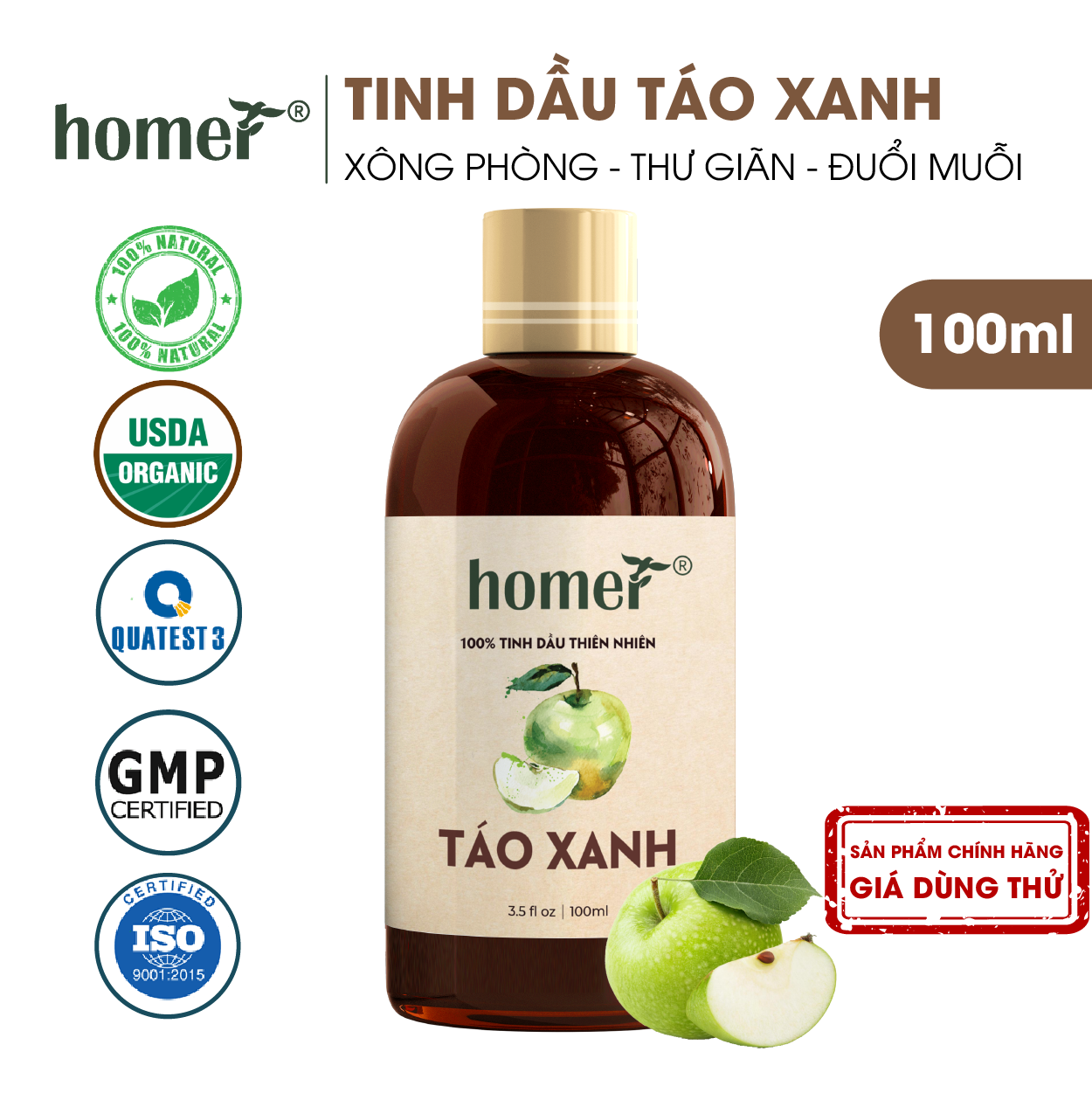 Tinh dầu thiên nhiên Táo Xanh Homer giá dùng thử - Dung tích 20ml / 100ml/ 500ml/ 1000ml - Đạt chuẩn kiểm định cao cấp - An toàn cho sức khỏe - Đa công dụng
