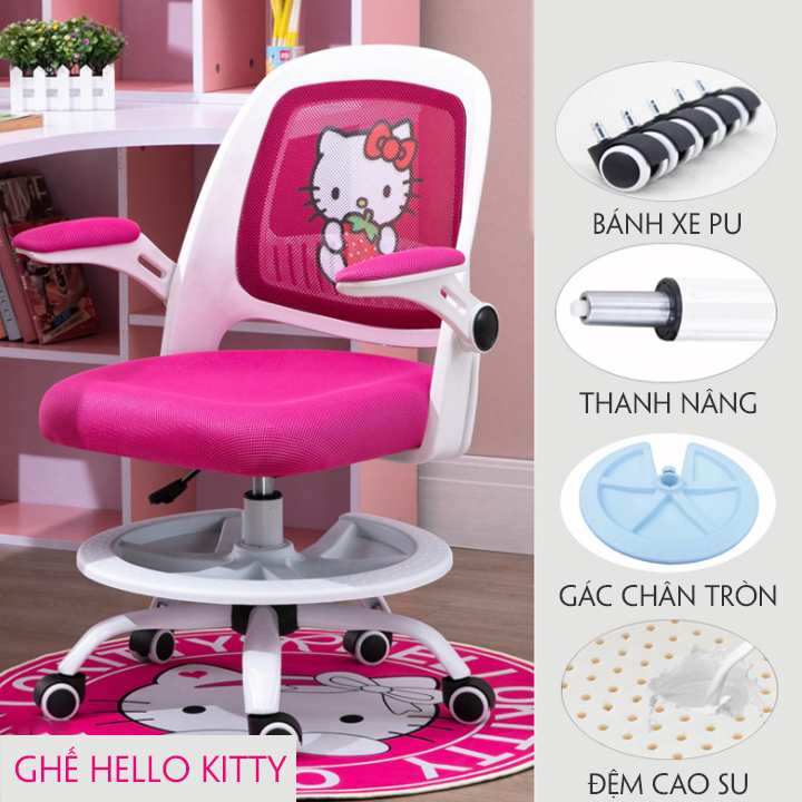 Ghế học sinh Chống Cận Chống Gù nam nữ Hello Kitty, ghế xoay học sinh đệm cao su non có tựa lưng, Vải sợi nano cao cấp chống xẹp lún, thoáng khí, Có thể điều chỉnh độ cao chân gác, chiều cao ghế, nhiều màu tại WinwinX