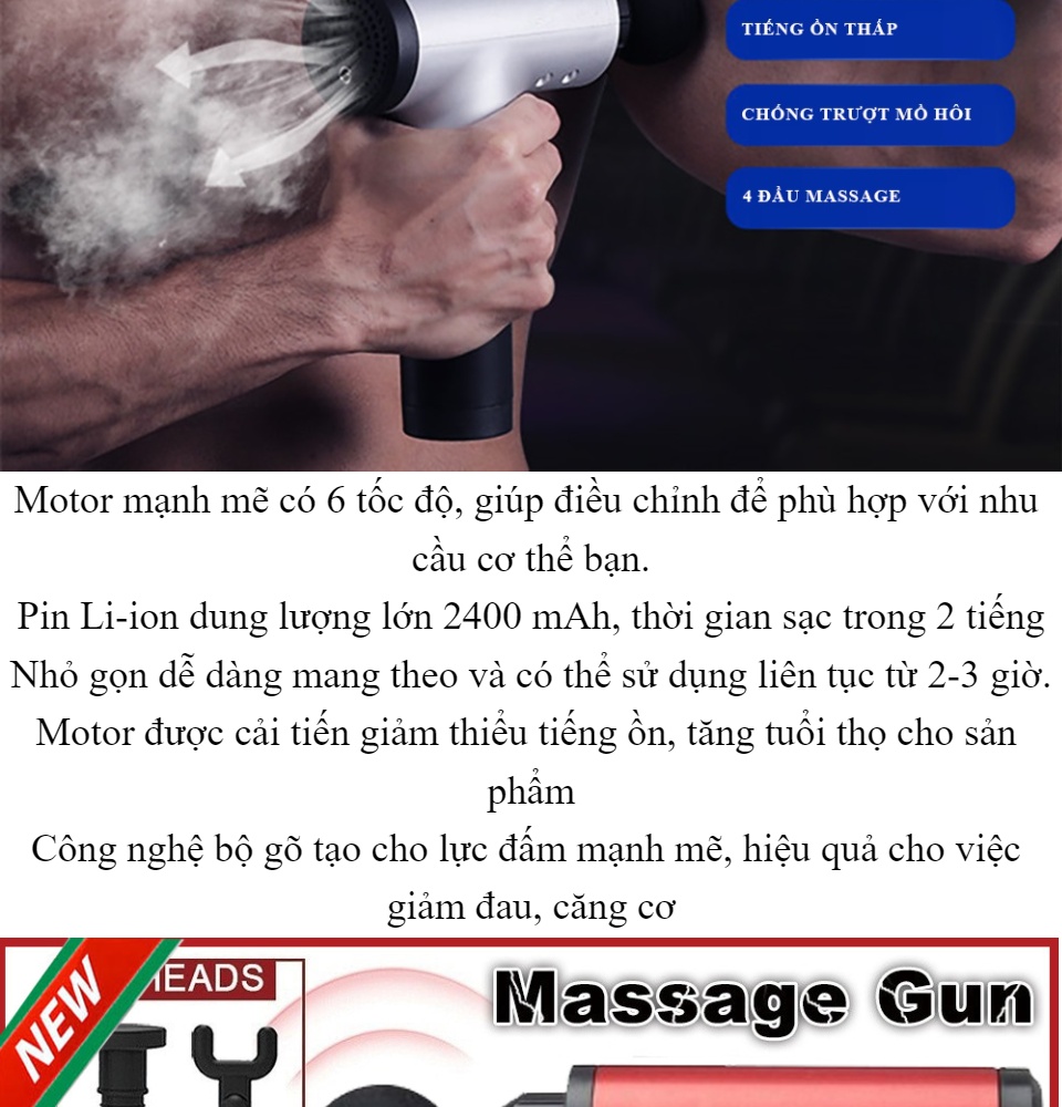 Súng massage cầm tay 4 đầu 6 chế độ - Súng bắn massage trị liệu đau mỏi vai gáy  giúp giãn cơ bắp tiện lợi
