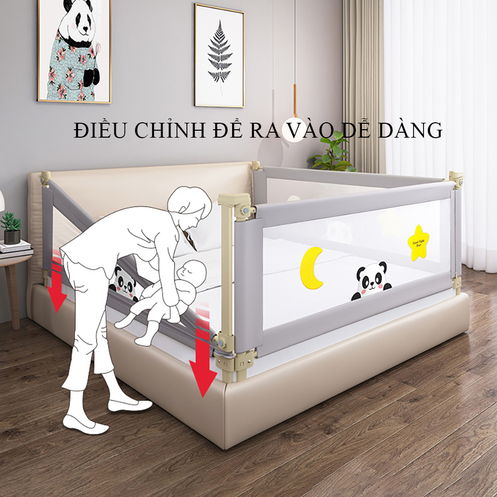 Thanh chắn giường cho bé an toàn cao cấp 1m2, 1m8, 2m, 2m2. Độ cao điều chỉnh trượt lên trượt xuống cao 72 - 100cm.