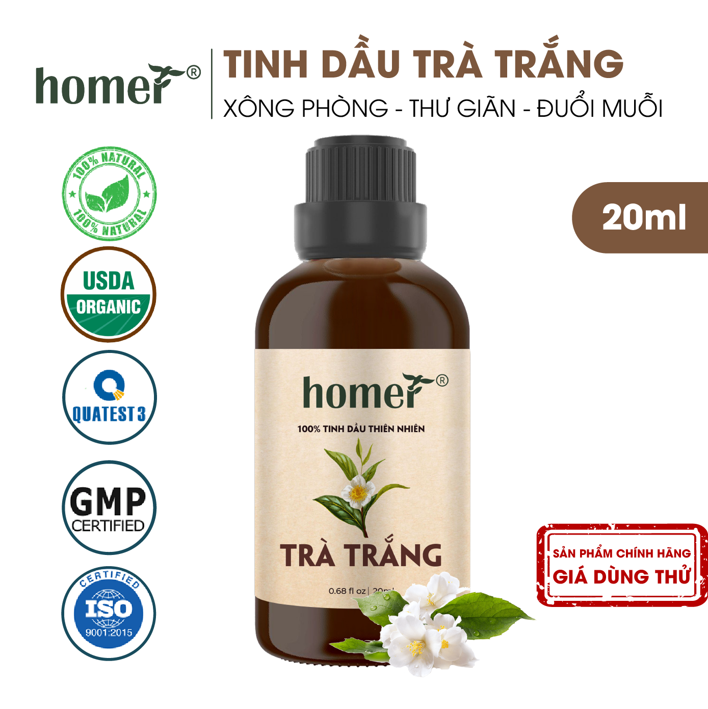 Tinh dầu thiên nhiên giá dùng thử chai lớn dung tích 20ml HOMER nhập khẩu - Nhóm đơn hương cơ bản 20 mùi - Tinh dầu Cam / Bạc hà / Sả chanh