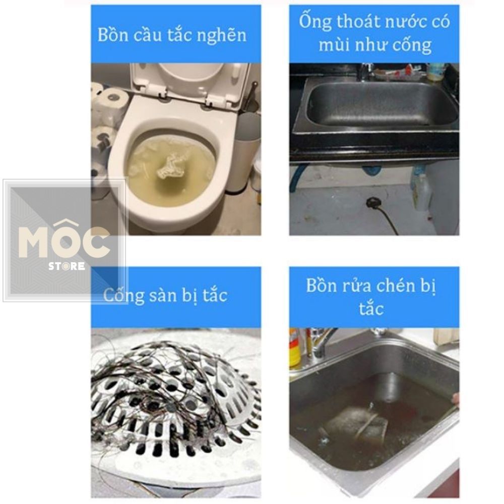 Bột thông cống thoát nước cực mạnh, cực nhanh 280g, 260g Mocstore, Hoá chất thông bồn cầu mạnh xử lý nhanh tắc nghẽn cầu nghẹt lavabo nghẹt bồn rửa chén nghẹt, dung dịch thông tắc tóc và rác thải Sink and drain cleaner