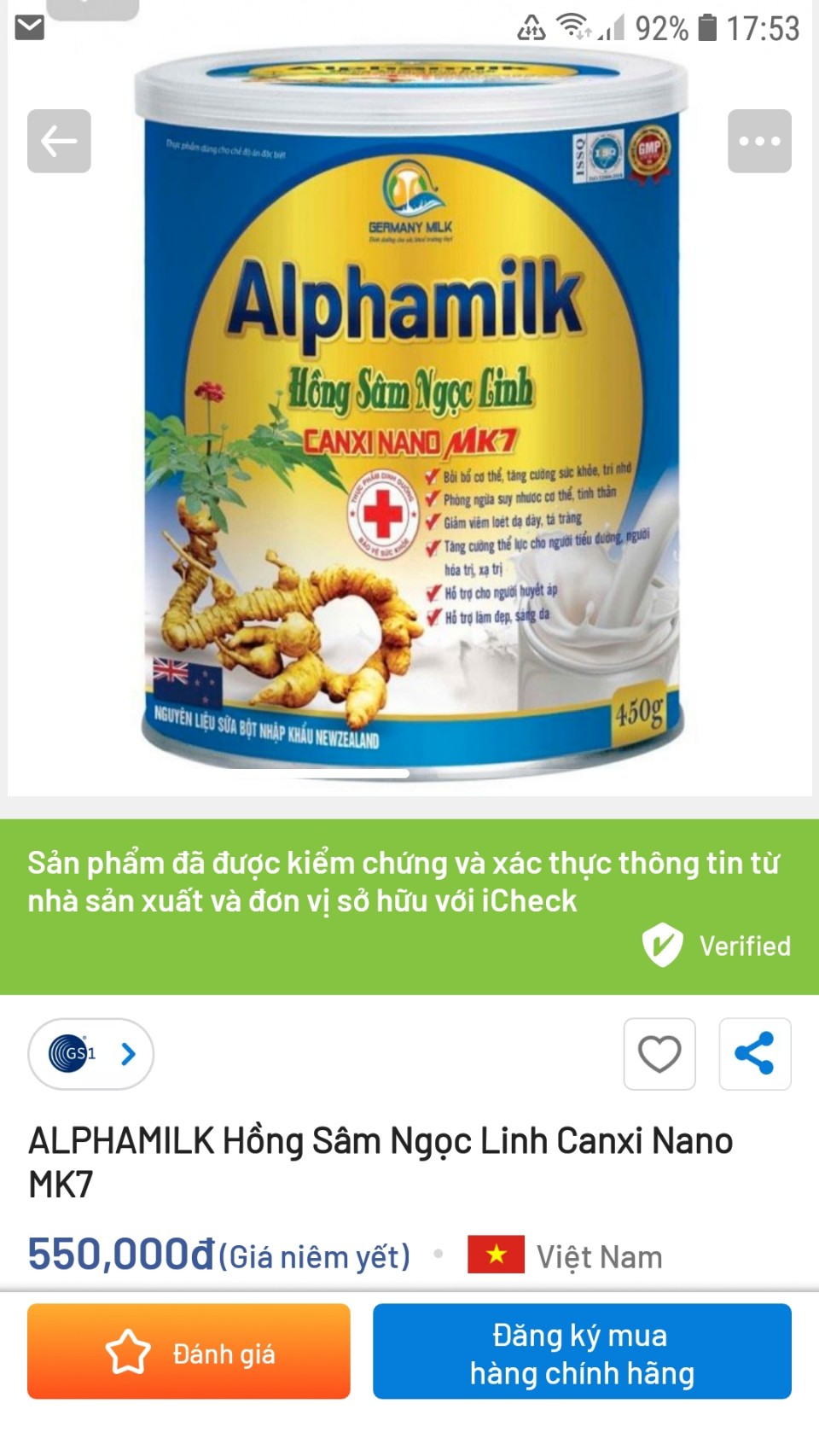 Sữa Bột AlPhamilk Hồng Sâm Ngọc Linh Canxi Nano MK7  ,Tăng Cường Sức Đề Kháng, Trí Nhớ , cho người Tiểu Đường,  Huyết áp, làm Đẹp Da- mọi lứa tuổi