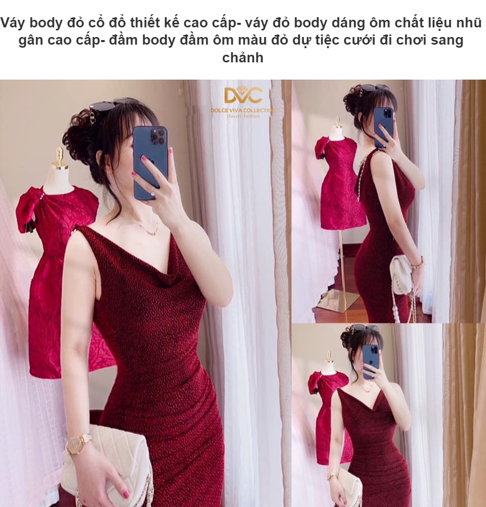 Váy body đỏ cổ đổ thiết kế cao cấp- váy đỏ body dáng ôm chất liệu ...