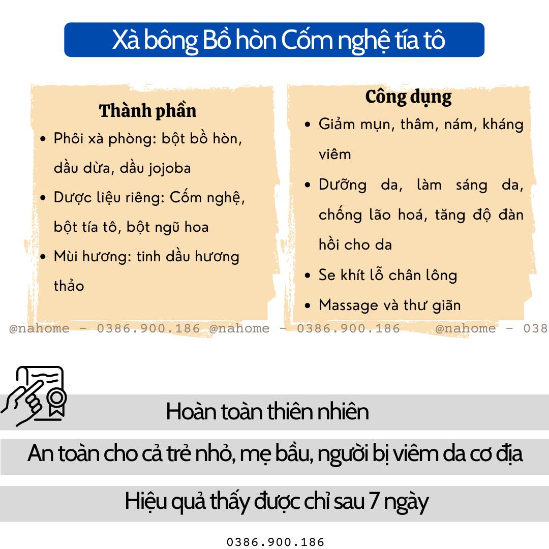 Xà bông bồ hòn Cốm Nghệ Tía Tô, giảm mụn, mờ thâm nám, dưỡng sáng da, phù hợp với da khô, mùi hương thảo, dạng bánh 120gr - Xà phòng Bồ hòn bếp xanh, dùng rửa mặt và tắm, đã được kiểm định chất lượng Nahome