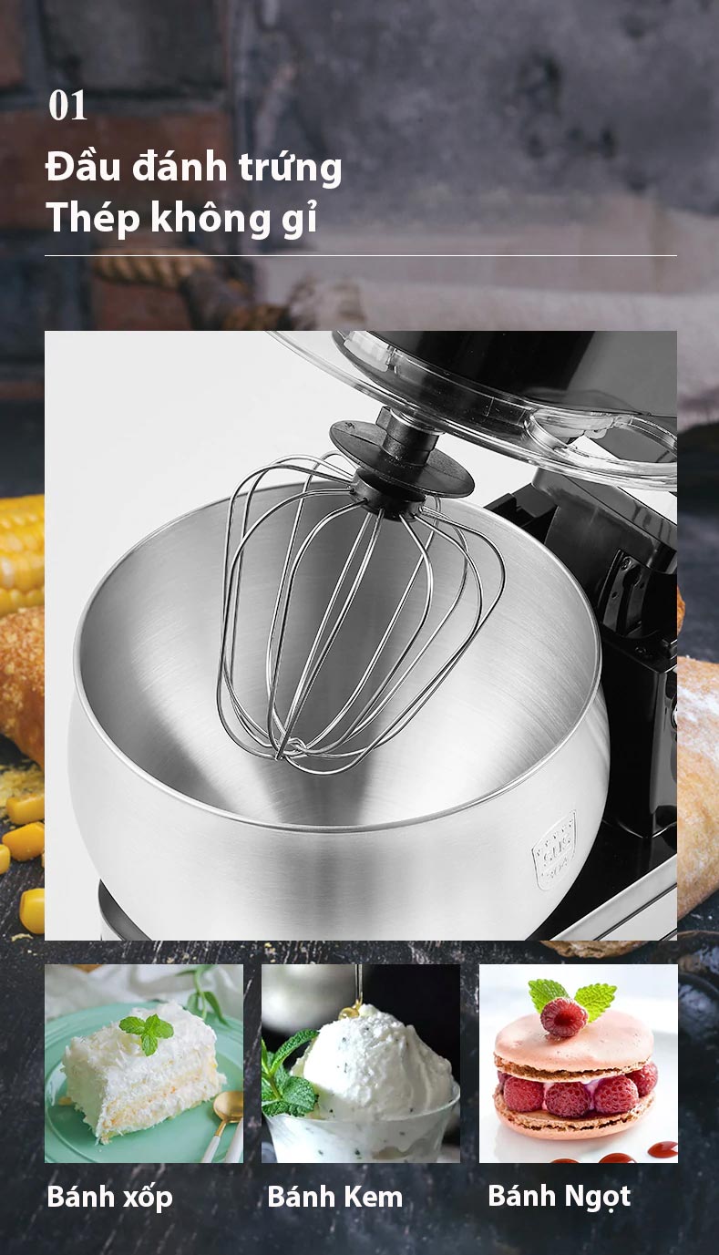 Máy nhồi bột đánh trứng trộn bột, thực phẩm làm bánh nhà bếp 5 lít 1200W với 6 cấp độ xoay, tô trộn Inox tích hợp nắp trong suốt có khe bỏ thực phẩm