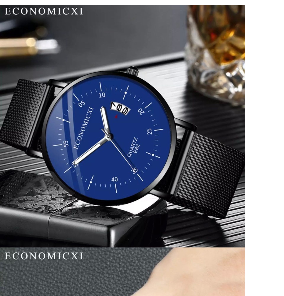 Đồng hồ nam ECONOMICXI dây thép lưới đen - thiết kế sang trọng có lịch ngày hot năm 2020 1
