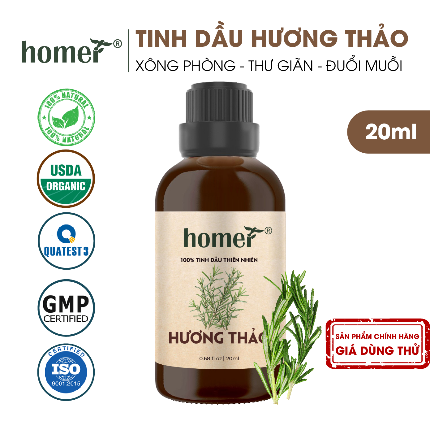 Tinh dầu thiên nhiên giá dùng thử chai lớn dung tích 20ml HOMER nhập khẩu - Nhóm đơn hương cơ bản 20 mùi - Tinh dầu Cam / Bạc hà / Sả chanh
