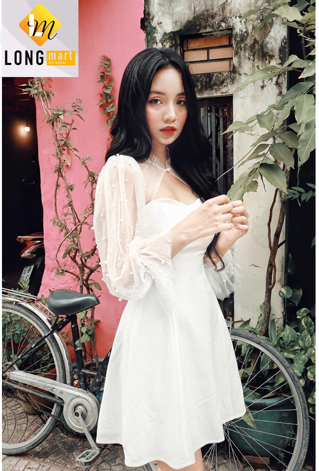 Đầm Tay Phồng Lưới Chấm Bi Cài Cổ Cao Cấp LONG Mart Màu Sắc Nhã Nhặn Thật Sự Phù Hợp Để Tới Công Sở, Đi Làm Hoặc Đi Chơi,Free Size Dưới 55kg,Phù Hợp Mọi Với Mọi Phong Cách.