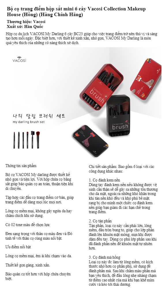 Bộ cọ trang điểm hộp sắt mini 6 cây Vacosi Collection Makeup House (Hồng) BC23