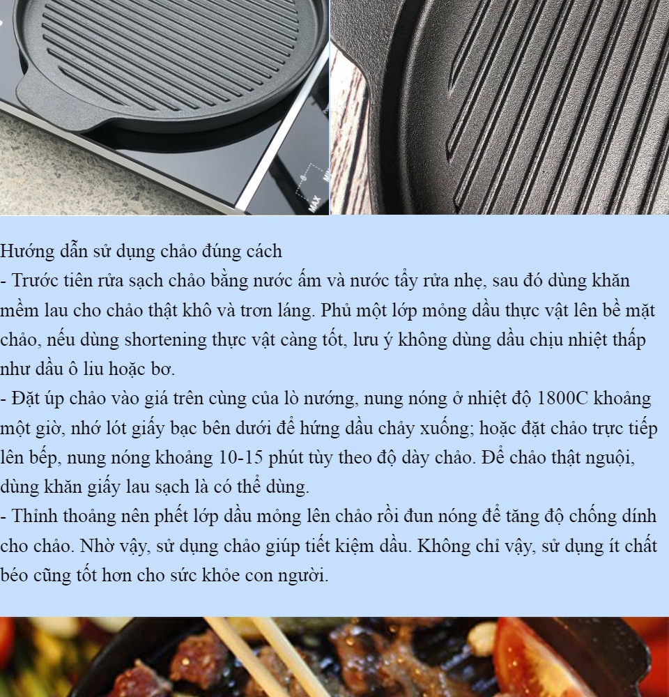 Chảo Gang Nướng Thịt Chống Dính Cao Cấp đường kính 24CM. Dễ dàng vệ sinh sau khi sử dụng