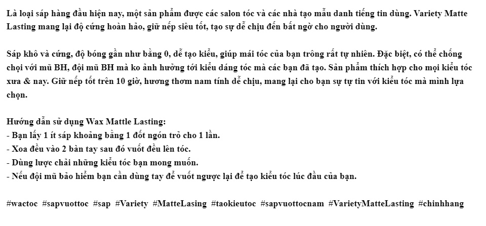 Sáp Vuốt Tóc Variety Matte Lasting 100ml