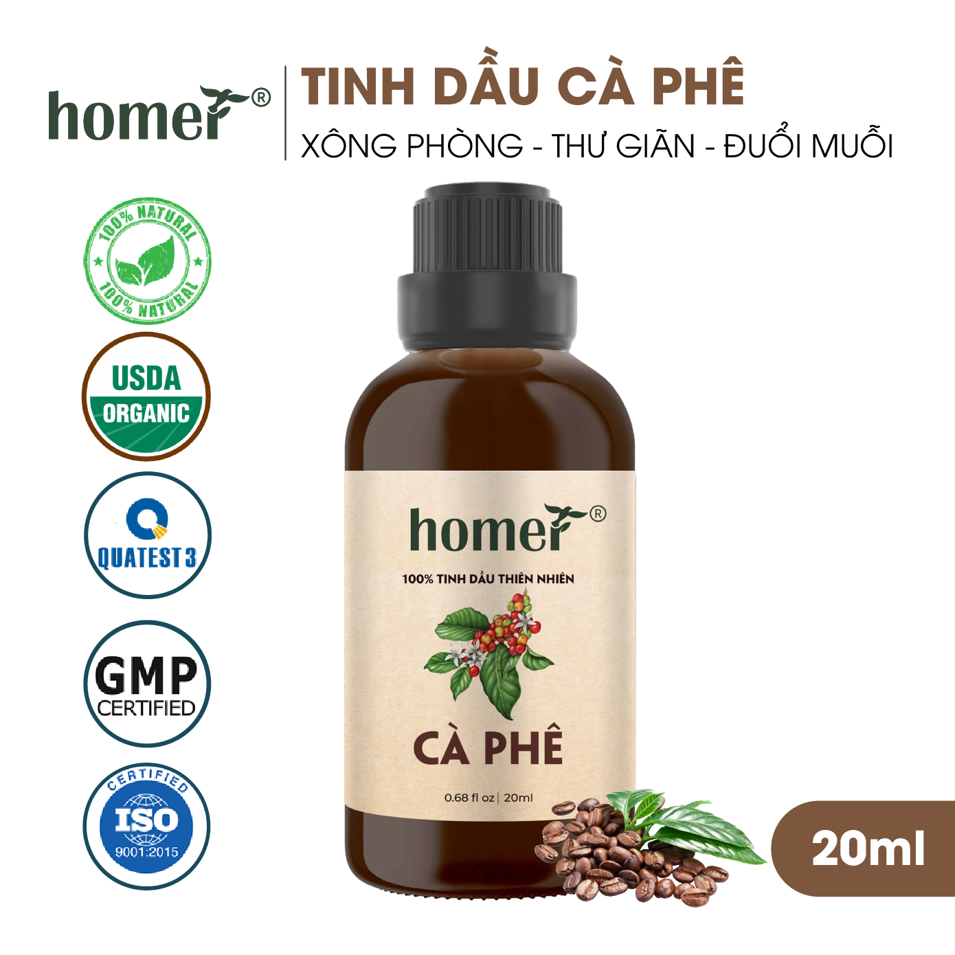 Tinh dầu thiên nhiên giá dùng thử chai lớn dung tích 20ml HOMER nhập khẩu - Nhóm đơn hương cơ bản 20 mùi - Tinh dầu Cam / Bạc hà / Sả chanh