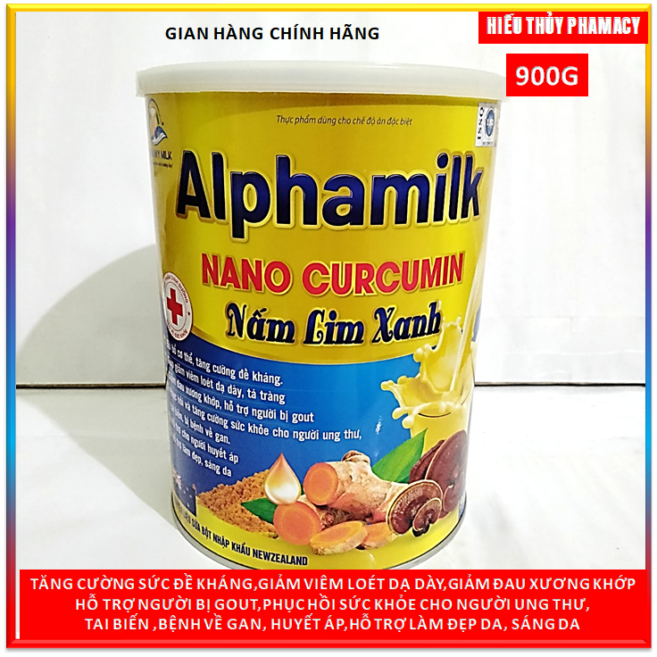 Sữa bột Alphamilk NaNo Curcumin Nấm Lim Xanh 900g , tăng cường sức đề kháng , giảm viêm dạ dày, xương khớp, gout, ung thư , tai biến , gan, huyết áp , làm đẹp da