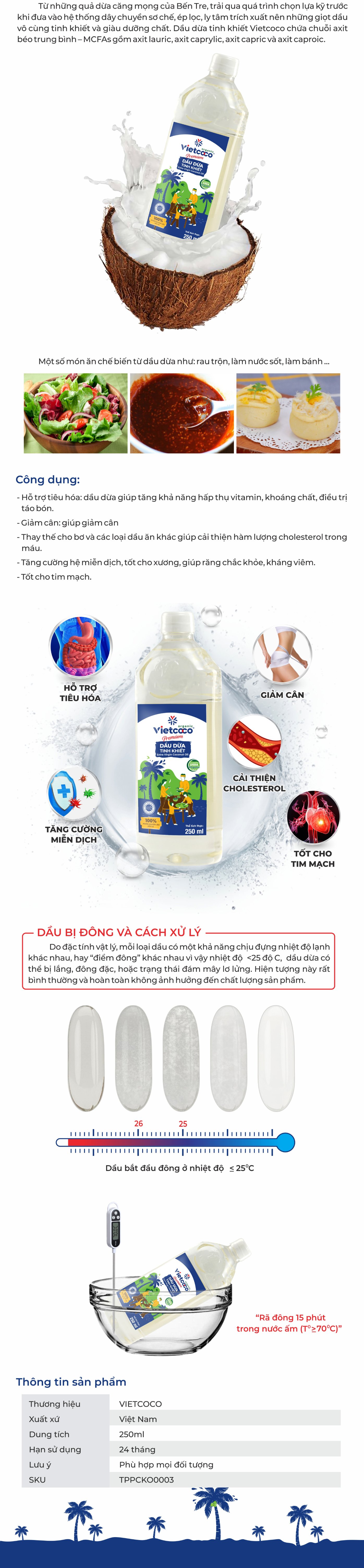 Dầu dừa tinh khiết Organic Vietcoco (thực phẩm) - chai 250ml