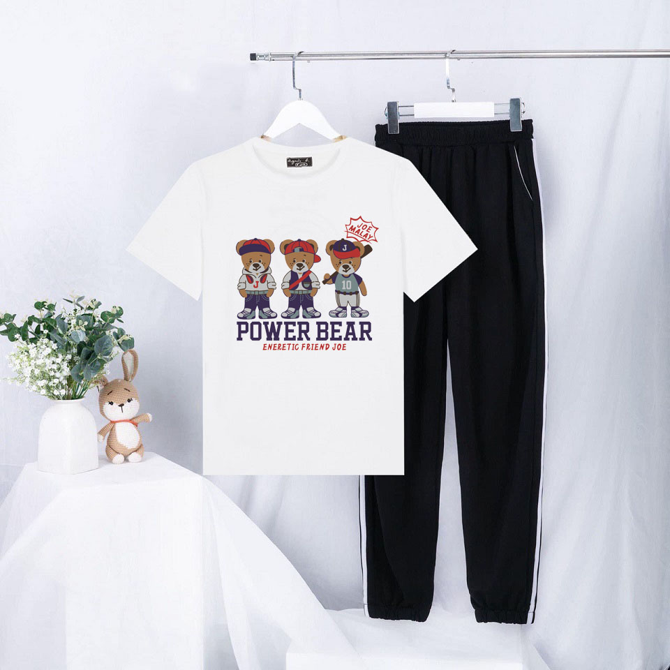 Sét Bộ Đồ Quần Áo Hè Ulzzang Nữ In 3D Cầu Thủ Power Bear Mặc Đi Chơi Cá Tính, Áo Màu Trắng Cotton Organic Kèm Quần Bo Thun Gấu Phong Cách