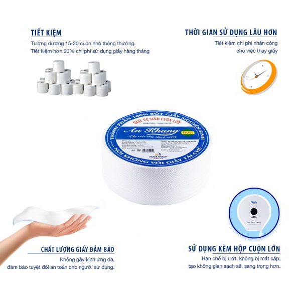 GIẤY VỆ SINH CUỘN LỚN AN KHANG BỘT GIẤY NGUYÊN SINH AKC500