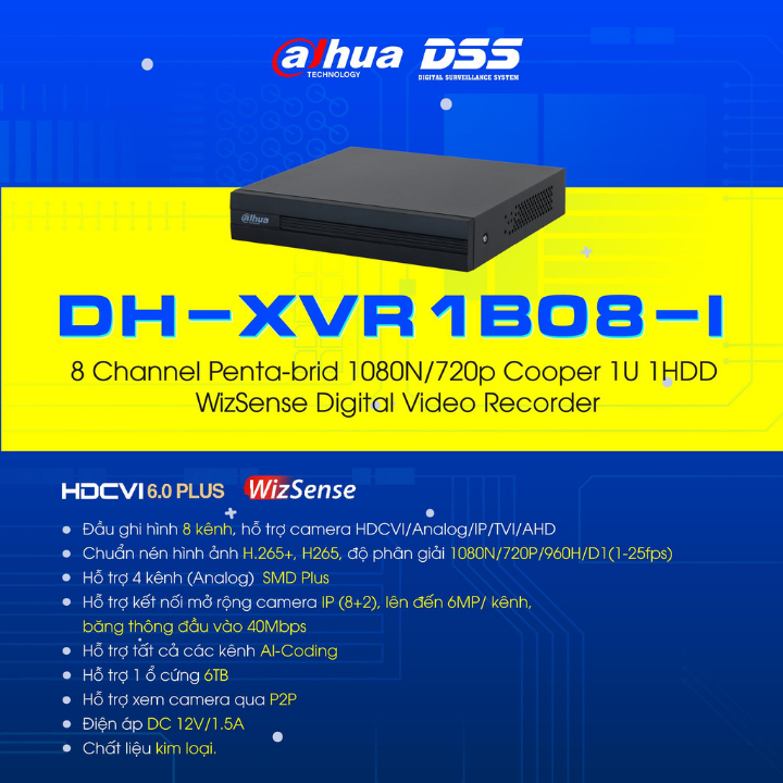 Đầu ghi hình 8 kênh Dahua XVR1B08-I hỗ trợ tất cả các kênh AI-Coding, chuẩn nén H.265+, hỗ trợ P2P, chuẩn Onvif, hỗ trợ tất camera tích hợp MIC tất cả các kênh - HÀNG CHÍNH HÃNG