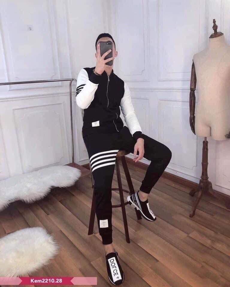 Bộ Nỉ Nam - Bộ Thể Thao Phối Tay Trắng - chất liệu nỉ da cá cao cấp, phong cách thể thao, màu đen, full size - BD020