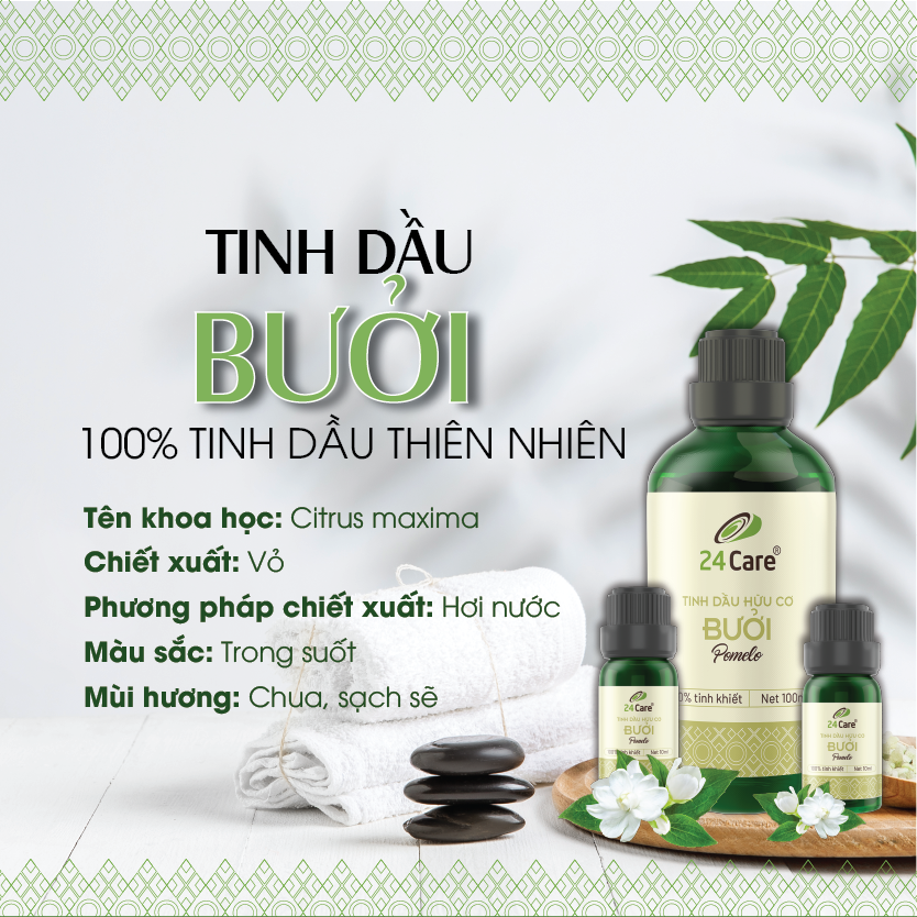 Tinh dầu Bưởi 24Care nguồn gốc thiên nhiên 100% - xông phòng, dưỡng tóc, giảm mỡ bụng 100ml