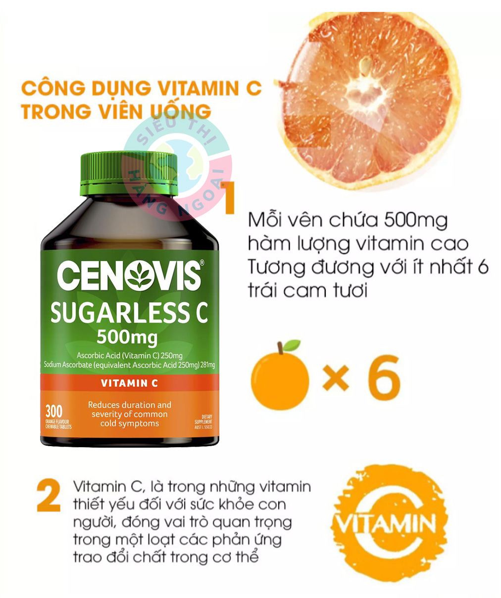 Viên ngậm Vitamin C không đường Cenovis Vitamin C 500mg Sugarless [Tăng cường miễn dịch] Hộp 300 viên Exp09/2023 Hàng Úc được bán bởi Siêu Thị Hàng Ngoại