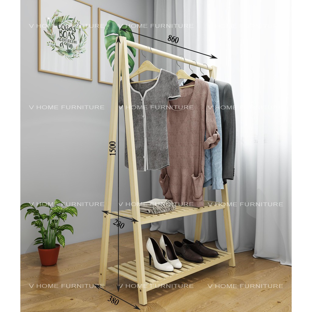Giá Treo Quần Áo Gỗ Chữ A 2 Tầng gỗ Thông nhập khẩu Kiểu Dáng Tinh Tế; Kích Thước 160x74x36CM, Kệ Treo Quần Áo Hàn Quốc Decor Phòng Ngủ; - Vin House 86.