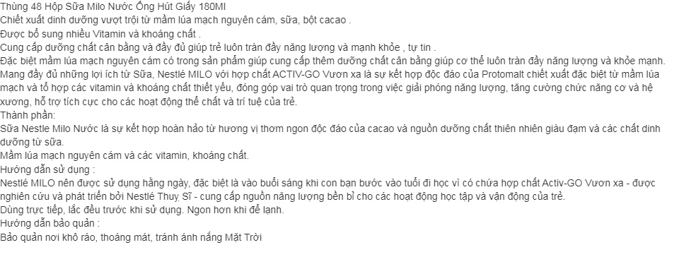 sữa milo hộp giấy 180ml 1thùng gồm 48hộp
