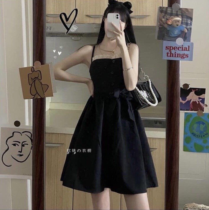 Váy hai dây đen dáng chữ a nhún eo che bụng phong cách hàn v2d