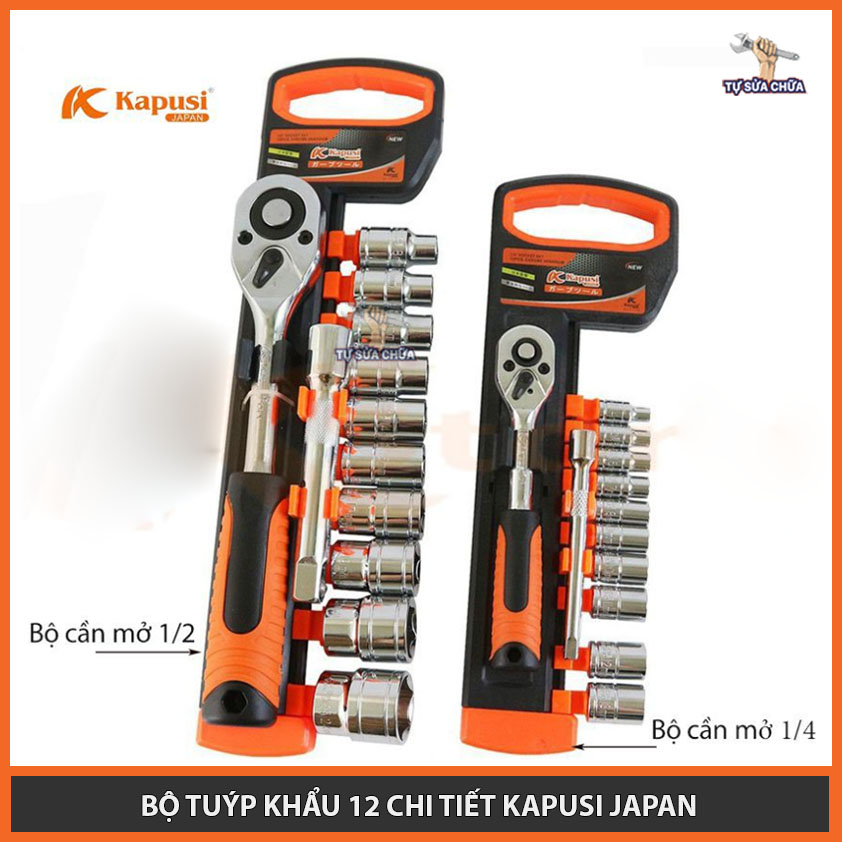 Bộ tuýp khẩu 12 chi tiết kèm cần siết tự động 2 chiều chính hãng Kapusi, Bộ tuýp khẩu 1/2, Bộ tuýp khẩu 1/4 Tuýp mở bulong, Bộ điếu mở ốc, Bộ khẩu mở siết ốc, Bộ tuýp Nhật Bản, Bộ tuýp sửa xe máy