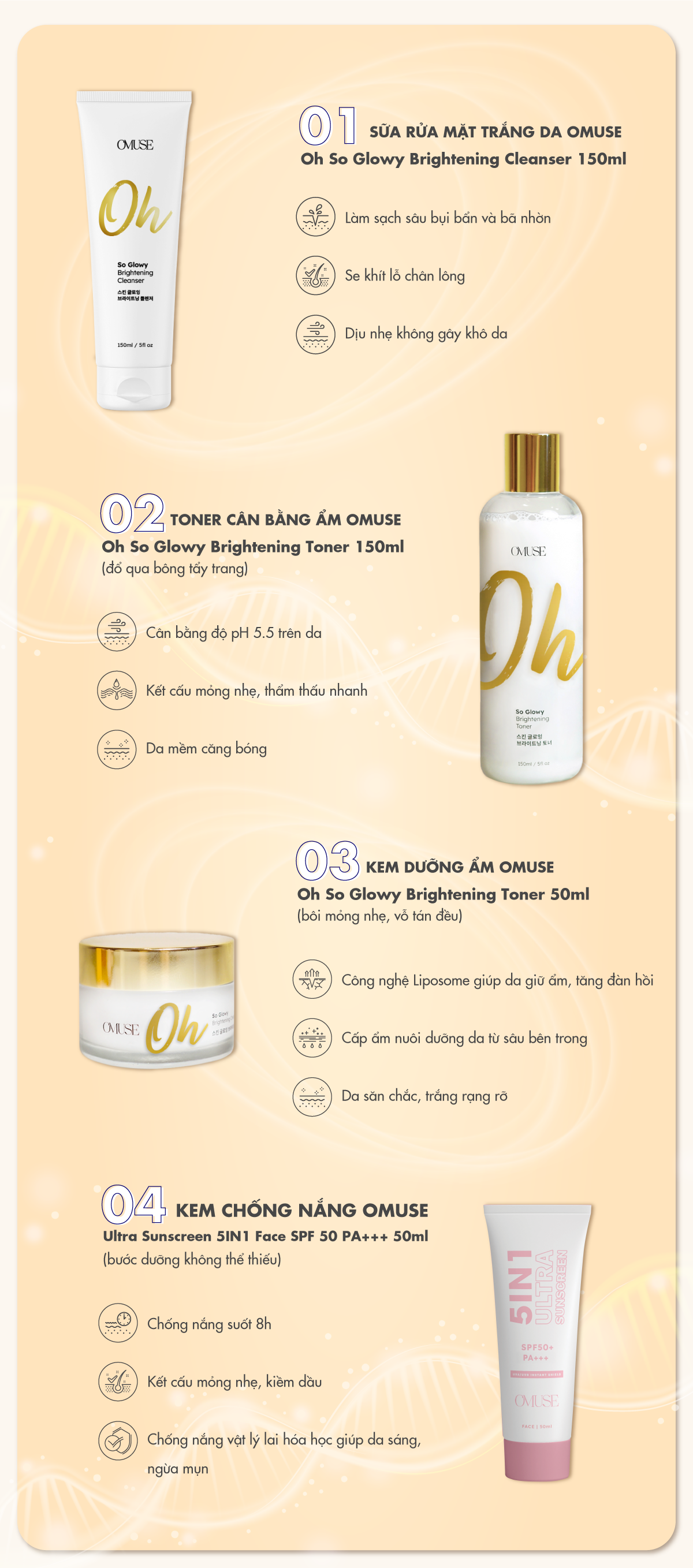 Kem dưỡng trắng, cấp ẩm và phục hồi da O’Muse Oh So Glowy Brightening Cream 50ml