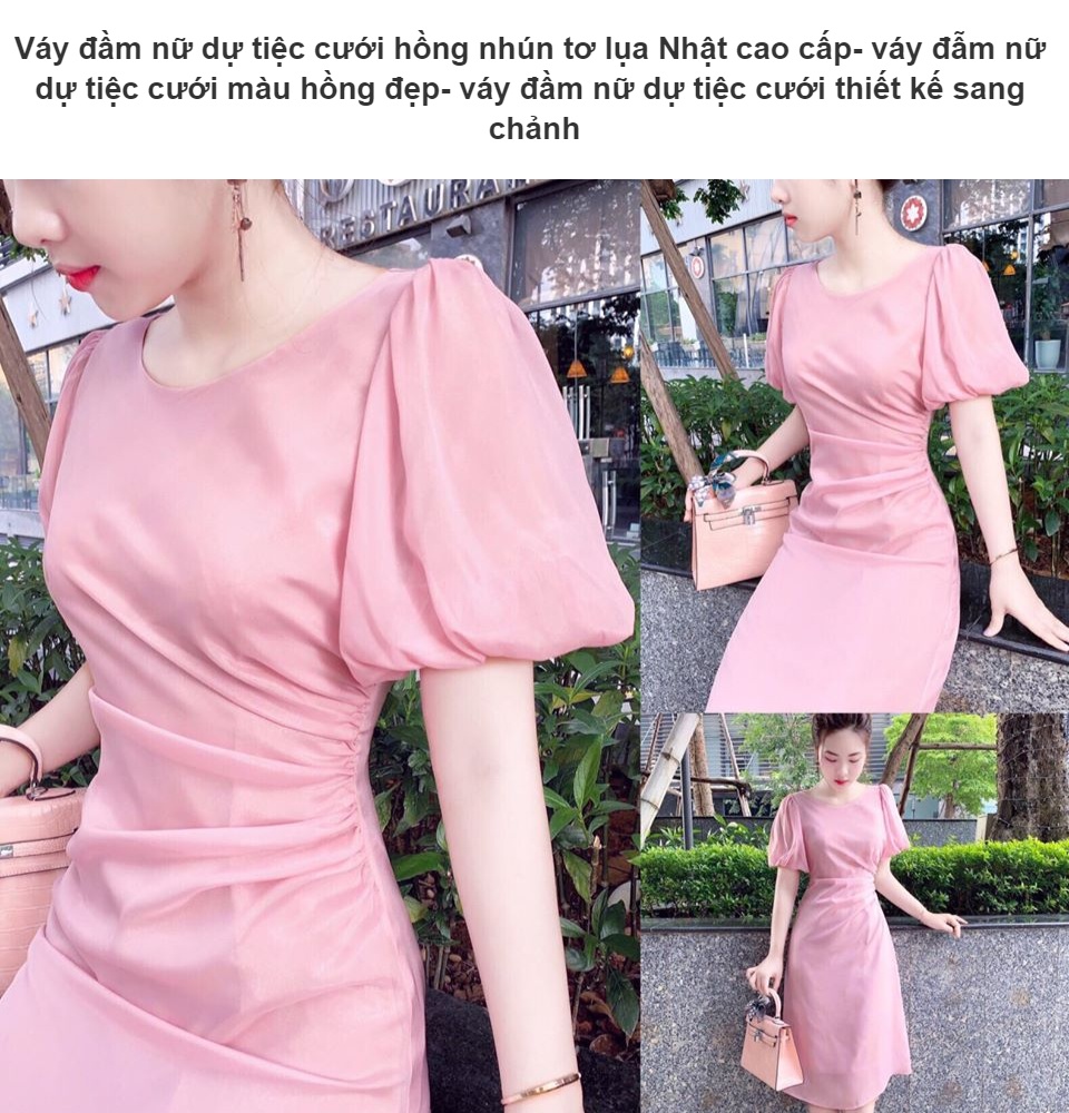 Đầm maxi tơ hồng sát nách đai eo nhún bèo chân váy