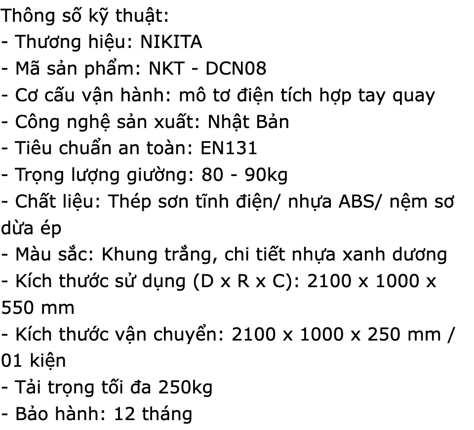 Giường bệnh viện NIKITA DCN08 Chính hãng - Đa chức năng cao cấp, Bảo hành 12 tháng, nệm chống loét, xuất xứ Nhật Bản, điều khiển bằng remote 65 Giường bệnh viện NIKITA DCN08 Chính hãng - Đa chức năng cao cấp, Bảo hành 12 tháng, nệm chống loét, xuất xứ Nhật Bản, điều khiển bằng remote